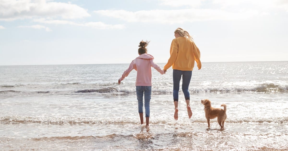 A mum and daughter playing in the sea at Suffolk, Southwold. 